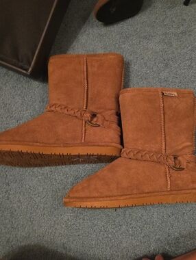 BearPaw Braided Strap Suede Slippers - Chestnut